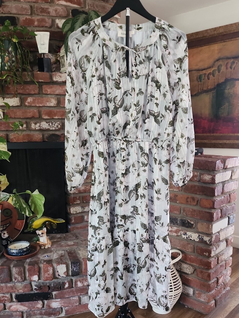 NWT Bohme Floral Chiffon Midi Dress Size Large Boho Cottagecore Long Sleeve Tie